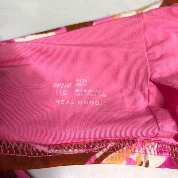 Aerie Swim Halter Bikini Top Keyhole Removable Cups Floral Print Pink Brown L - Picture 4 of 5